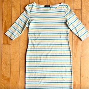 Saint James Striped Boat Neck Sheath Dress 3/4 Sleeve Blue Green White France 8